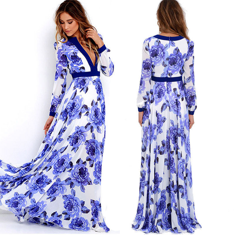 Blue Floral Chiffon Maxi Dress Hot Sale ...