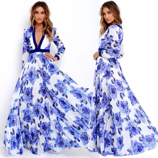 Floral Print Chiffon Maxi Dress with Pockets