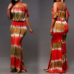 TIE DYE PRINT OFF SHOULDER RUFFLE DRESS