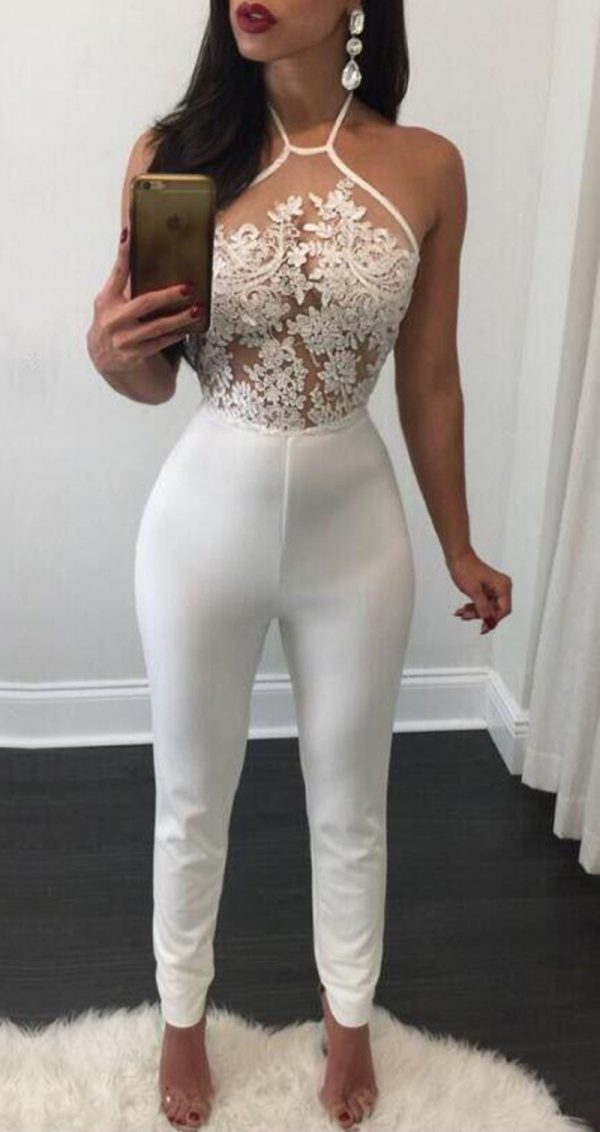 Summer Women Sexy Tube Top Halter Deep V Plunge neck Backless Lace up Jumpsuit Set Women