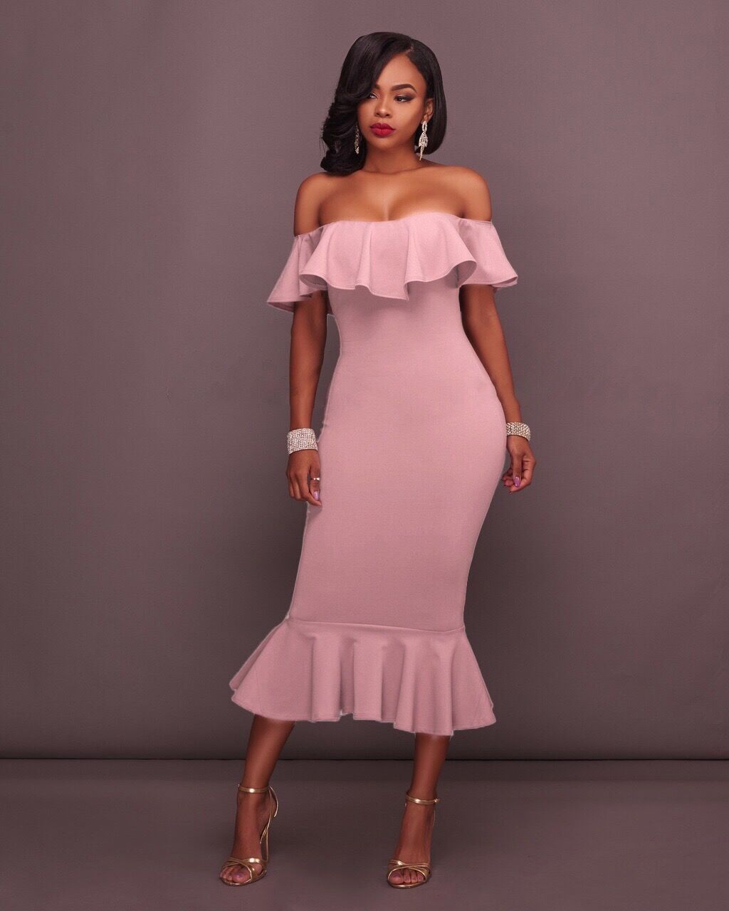 Baby pink off shoulder ruffled dress