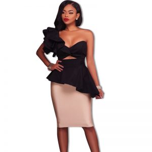 RUFFLE ONE SIDE OFF SHOULDER COLOR BLOCK MIDI DRESS             *SOLD OUT*