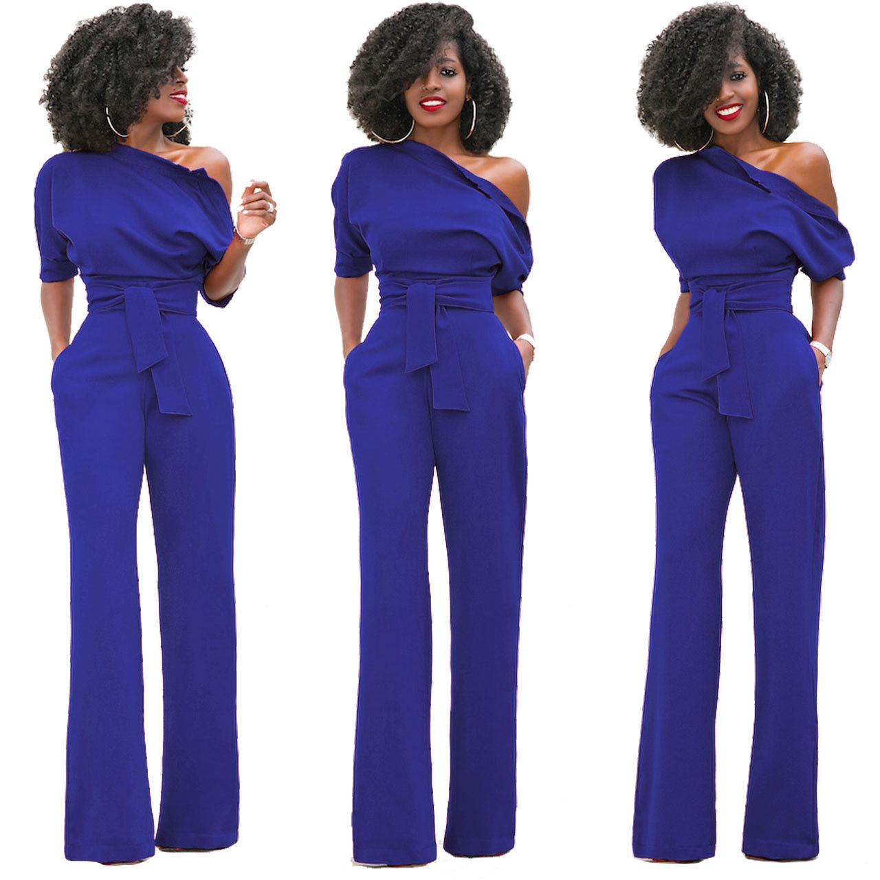 royal blue off shoulder jumpsuit