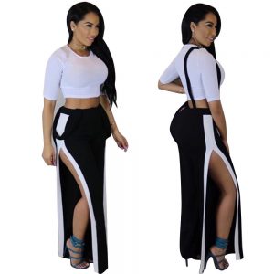 CROP TOP COLOR BLOCK SPLIT OVERALL JUMPSUIT SET