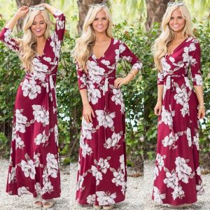 FLORAL PRINT WRAP 3/4 SLEEVE MAXI DRESS  *PLUS SIZE AVAILABLE* OUT OF STOCK