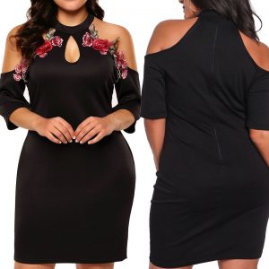 PLUS SIZE COLD SHOULDER FLORAL DESIGN DRESS