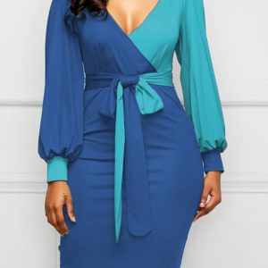 PLUNGING NECK COLOR BLOCK WRAP MIDI DRESS                   * SOLD OUT *