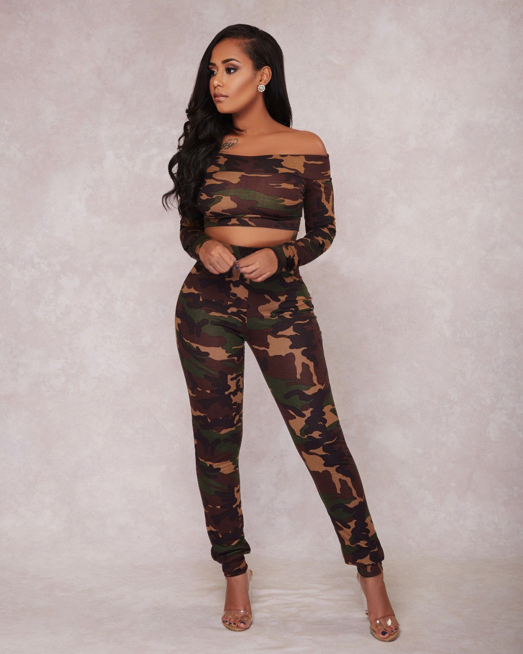 camo off the shoulder top