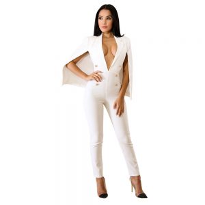 PLUNGING NECK BUTTON CAPE DESIGN JUMPSUIT