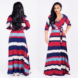PLUNGING NECK CHEVRON PRINT W/BELT MAXI DRESS