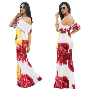 RUFFLE OFF SHOULDER FLORAL MULTI PRINT MAXI DRESS