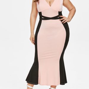 PLUS SIZE COLOR BLOCK PLUNGING NECK MAXI DRESS