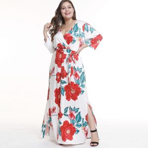 PLUS SIZE FIT AND FLARE WRAP FLOWING SPLIT MAXI DRESS
