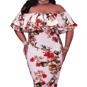 PLUS SIZE RUFFLE OFF SHOULDER FLORAL PRINT MIDI DRESS
