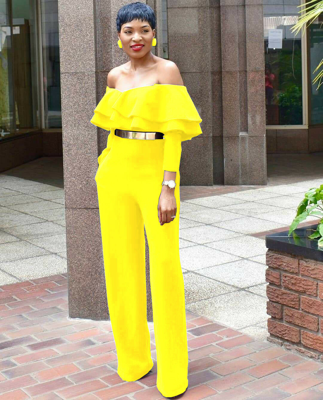 yellow off shoulder jumpsuit