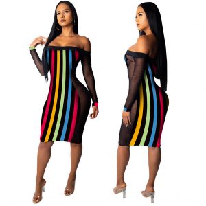 OFF SHOULDER MULTI COLOR STRIPE SHEER SLEEVE MIDI DRESS  *PLUS SIZE AVAILABLE*