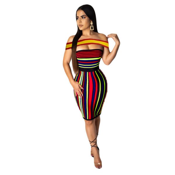 off shoulder stripe multi color mini dress