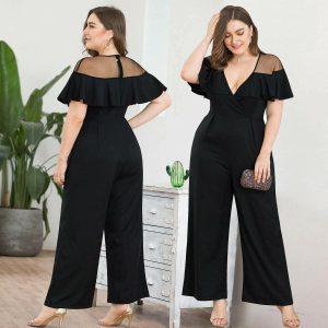 PLUS SIZE SHEER RUFFLE WIDE LEG JUMPSUIT