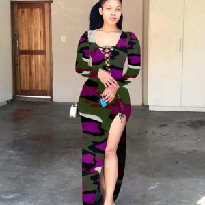 LACE UP TIE DYE SIDE SLIT MAXI DRESS   *PLUS SIZE AVAILABLE*