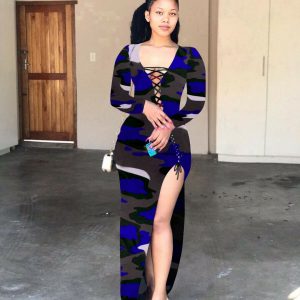 LACE UP TIE DYE SIDE SLIT MAXI DRESS   *PLUS SIZE AVAILABLE*