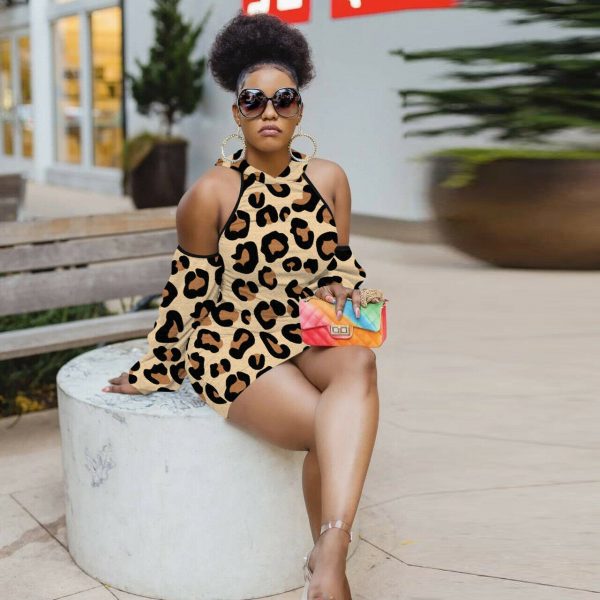 front leopard print cold shoulder mini dress