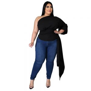 ONE SHOULDER SLOPING SLEEVE PLUS SIZE WRAP TOP  *PLUS SIZE AVAILABLE*