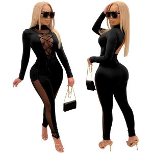 LONG SLEEVE PATCHWORK SHEER MESH JUMPSUIT                   *PLUS AVAILABLE*
