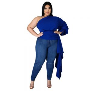 ONE SHOULDER SLOPING SLEEVE PLUS SIZE WRAP TOP  *PLUS SIZE AVAILABLE*