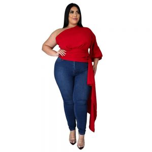 ONE SHOULDER SLOPING SLEEVE PLUS SIZE WRAP TOP  *PLUS SIZE AVAILABLE*