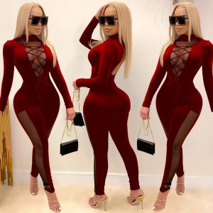 LONG SLEEVE PATCHWORK SHEER MESH JUMPSUIT                   *PLUS AVAILABLE*