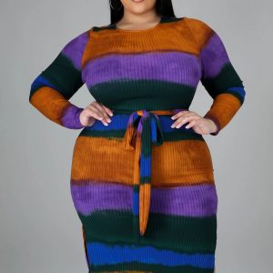 PLUS SIZE STRIPE MULTI PRINT SLIT MIDI DRESS W/BELT