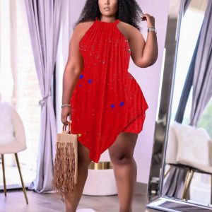 PLUS SIZE CHOKER NECK PLEATED OVERLAY ROMPER DRESS