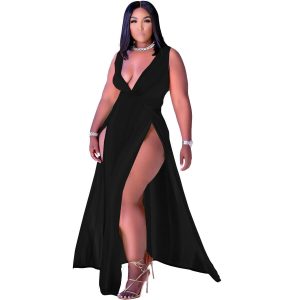 PLUNGING NECK SLEEVELESS DOUBLE SLIT MAXI DRESS             * PLUS AVAILABLE *