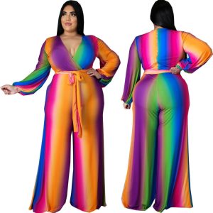 PLUS SIZE RAINBOW PRINT WIDE LEG JUMPSUIT W/BELT