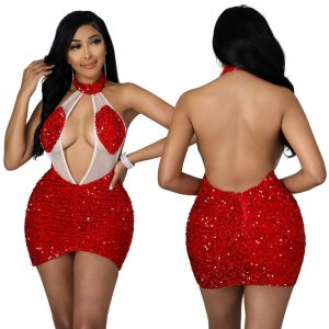 SLEEVELESS CHOKER SHEER MESH RHINESTONE MINI DRESS         *PLUS AVAILABLE*