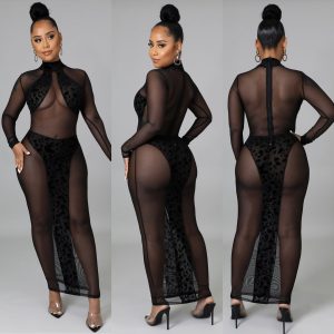 SHEER MESH LEOPARD PRINT PATCHWORK MAXI DRESS                    *PLUS AVAILABLE*