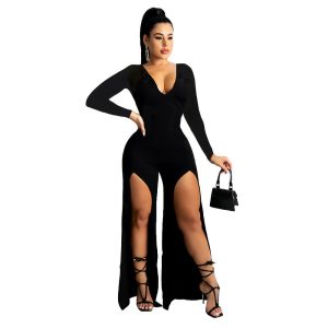 PLUNGING NECK HIGH SLIT OPEN LEG JUMPSUIT