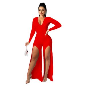 PLUNGING NECK HIGH SLIT OPEN LEG JUMPSUIT