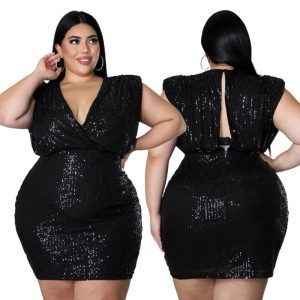 PLUS SIZE V NECK SEQUIN DESIGN DRESS