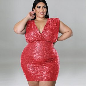 PLUS SIZE V NECK SEQUIN DESIGN DRESS