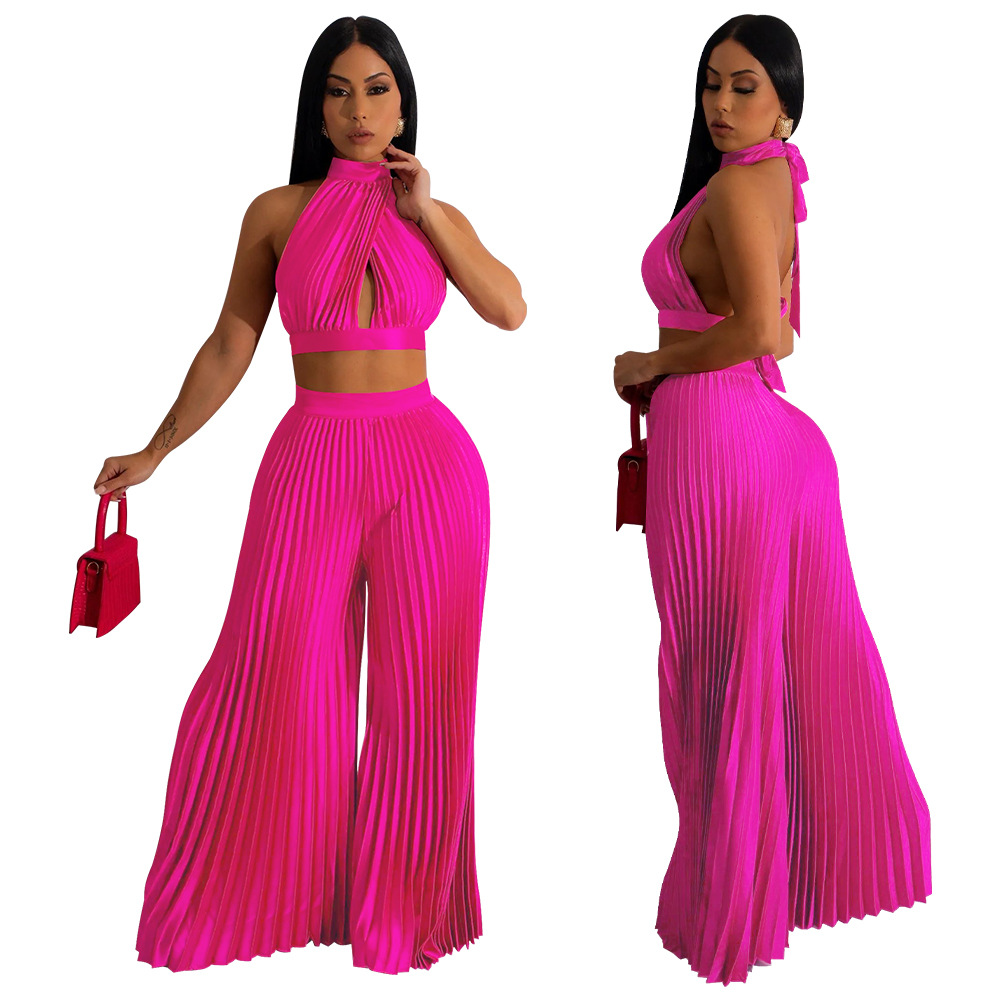 Hot Pink Crochet Halter Fringe Pants Two Piece Set Cover Up – Hot